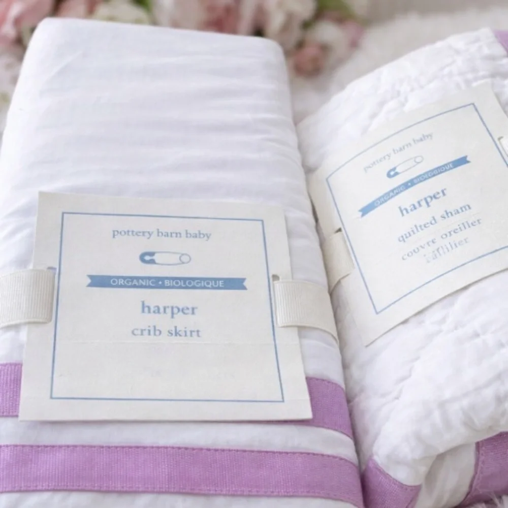 Pottery Barn Harper White Crib Skirt and quilted pillow sham Lavender Trim nwt
